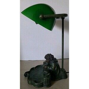 Widdop & Bingham ? Desk Bankers Lamp  Boy Figure Reading Green Glass Shade